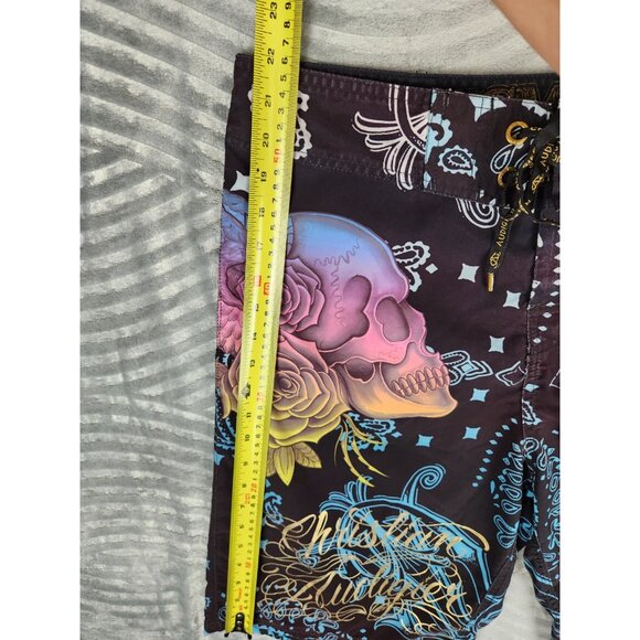 Christian Audigier Blow Smoke Board Shorts Size 34 Y2K Vintage Ed Hardy Skull - Picture 13 of 14